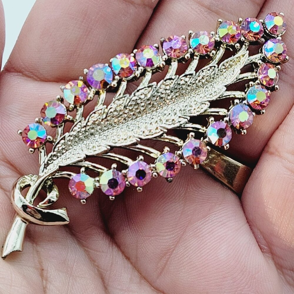 Vintage Pink Aurora Borealis Leaf Rhinestone Brooch Gold Tone 2 3/4"